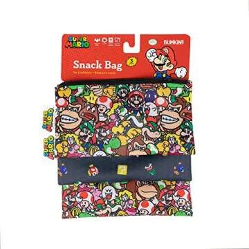 Bumkins Nintendo Reusable Sandwich and Snack Bags, for Kids School Lunch and for Adults Portion, Washable Fabric, Waterproof Cloth Zip Bag, Travel Pouch, Food-Safe, 3-pk Super Mario