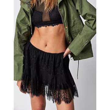 Women Lace Tiered Mini Skirt Summer Elastic Pleated Lace Trim Half Slip Low Rise Flowy Short Skirts Underskirt (A-Black, S)