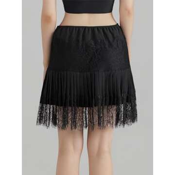 Women Lace Tiered Mini Skirt Summer Elastic Pleated Lace Trim Half Slip Low Rise Flowy Short Skirts Underskirt (A-Black, S)
