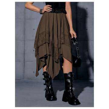 Verdusa Women's Renaissance Flowy Fairy Skirt Y2k Contrast Lace Layered Asymmetrical Midi Skirts Coffee Brown X-Large