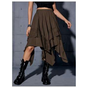 Verdusa Women's Renaissance Flowy Fairy Skirt Y2k Contrast Lace Layered Asymmetrical Midi Skirts Coffee Brown X-Large