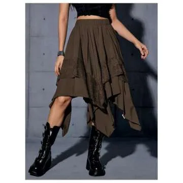 Verdusa Women's Renaissance Flowy Fairy Skirt Y2k Contrast Lace Layered Asymmetrical Midi Skirts Coffee Brown X-Large