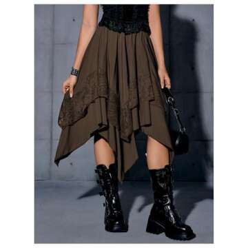 Verdusa Women's Renaissance Flowy Fairy Skirt Y2k Contrast Lace Layered Asymmetrical Midi Skirts Coffee Brown X-Large