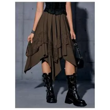 Verdusa Women's Renaissance Flowy Fairy Skirt Y2k Contrast Lace Layered Asymmetrical Midi Skirts Coffee Brown X-Large