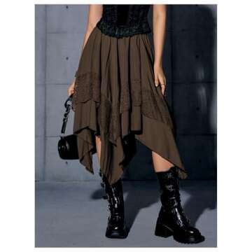 Verdusa Women's Renaissance Flowy Fairy Skirt Y2k Contrast Lace Layered Asymmetrical Midi Skirts Coffee Brown X-Large