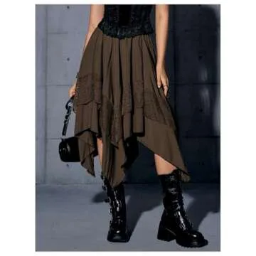 Verdusa Women's Renaissance Flowy Fairy Skirt Y2k Contrast Lace Layered Asymmetrical Midi Skirts Coffee Brown X-Large