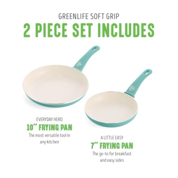 GreenLife Soft Grip Healthy Ceramic Nonstick 7" and 10" Frying Pan Set, PFAS & PFOA-Free, Dishwasher Safe, Egg Omelet Skillet, Cookware for Easy Cooking, Non-Stick Kitchen Essentials, Turquoise