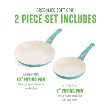GreenLife Soft Grip Healthy Ceramic Nonstick 7" and 10" Frying Pan Set, PFAS & PFOA-Free, Dishwasher Safe, Egg Omelet Skillet, Cookware for Easy Cooking, Non-Stick Kitchen Essentials, Turquoise