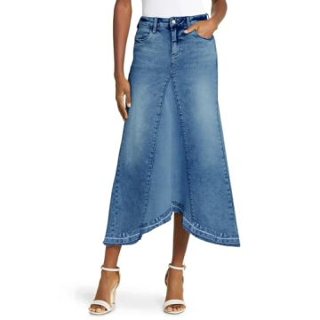 Fisoew Womens Denim Maxi Skirt Casual High Waist A-Line Frayed Irregular Hem Long Jean Skirt