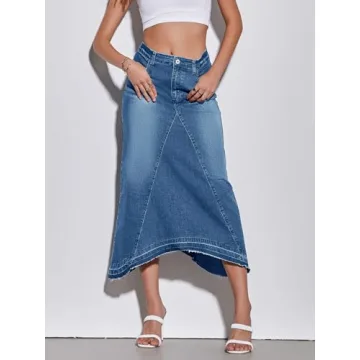 Fisoew Womens Denim Maxi Skirt Casual High Waist A-Line Frayed Irregular Hem Long Jean Skirt