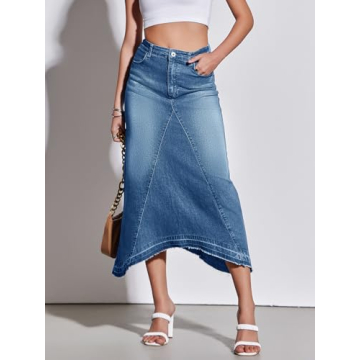 Fisoew Womens Denim Maxi Skirt Casual High Waist A-Line Frayed Irregular Hem Long Jean Skirt