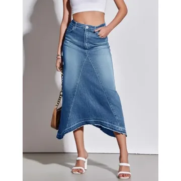 Fisoew Womens Denim Maxi Skirt Casual High Waist A-Line Frayed Irregular Hem Long Jean Skirt