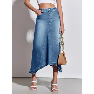 Fisoew Womens Denim Maxi Skirt Casual High Waist A-Line Frayed Irregular Hem Long Jean Skirt