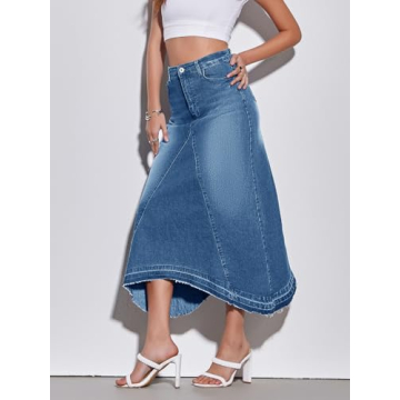 Fisoew Womens Denim Maxi Skirt Casual High Waist A-Line Frayed Irregular Hem Long Jean Skirt