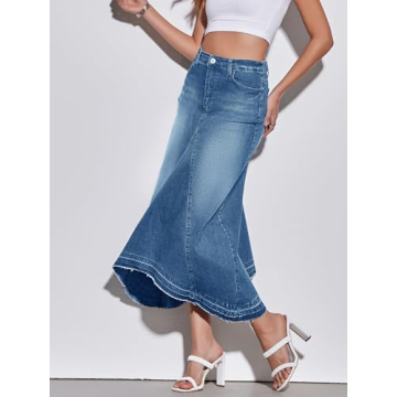 Fisoew Womens Denim Maxi Skirt Casual High Waist A-Line Frayed Irregular Hem Long Jean Skirt