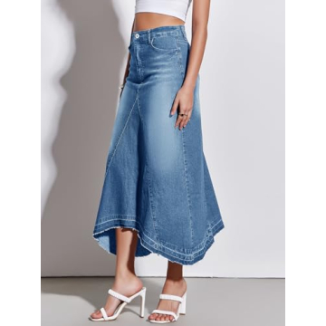Fisoew Womens Denim Maxi Skirt Casual High Waist A-Line Frayed Irregular Hem Long Jean Skirt