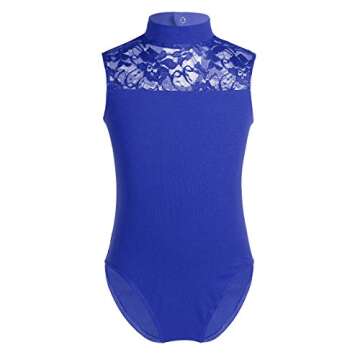 inhzoy Kids Girl's Lace Hollow High Neck Ballet Dance Leotard Tops Athletic Sports Outfit Blue A 12-14
