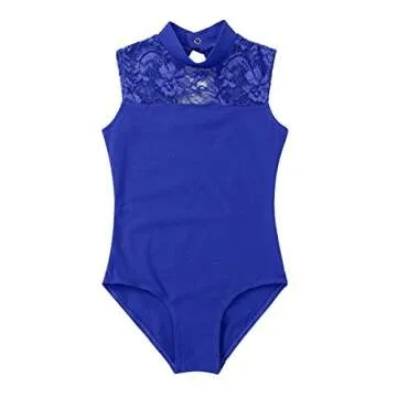 inhzoy Kids Girl's Lace Hollow High Neck Ballet Dance Leotard Tops Athletic Sports Outfit Blue A 12-14
