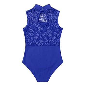 inhzoy Kids Girl's Lace Hollow High Neck Ballet Dance Leotard Tops Athletic Sports Outfit Blue A 12-14