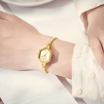 Rose Gold Petite Bracelet Watch for Women, Diamond Dress Analog Hexagonal Mini Women Watch Waterproof (All Gold)