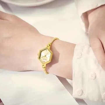 Rose Gold Petite Bracelet Watch for Women, Diamond Dress Analog Hexagonal Mini Women Watch Waterproof (All Gold)