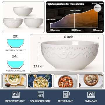 Artena Cereal Bowls 26 OZ, Ceramic Soup Bowls For Kitchen, Embossment Bowls For Rice Pasta Salad, Wh...