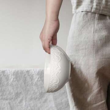 Artena Cereal Bowls 26 OZ, Ceramic Soup Bowls For Kitchen, Embossment Bowls For Rice Pasta Salad, White Bowls For Breakfast Lunch Dinner, 6 Inch, Set Of 6, Dishwasher & Microwave Safe, Floral