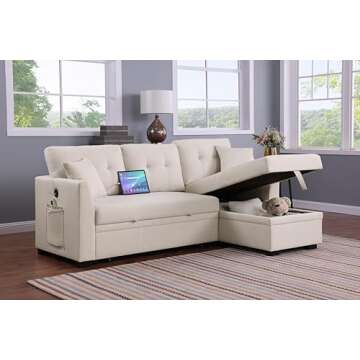 Eafurn Pull Out Sleeper Sectional Sofa Couch Bed - L Shaped Convertible Corner Lounge Sofa&Couch with Reversible Chaise & Pullout Sofabed, Dual USB Ports,Side Pockets for Living Room Office