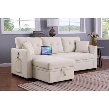 Eafurn Pull Out Sleeper Sectional Sofa Couch Bed - L Shaped Convertible Corner Lounge Sofa&Couch with Reversible Chaise & Pullout Sofabed, Dual USB Ports,Side Pockets for Living Room Office