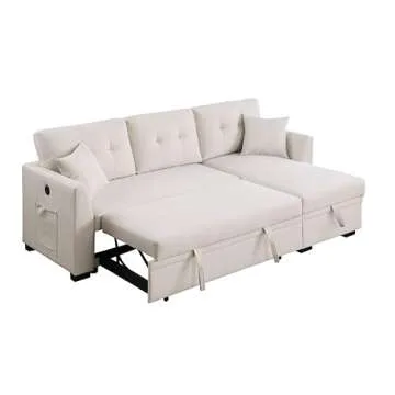 Eafurn Pull Out Sleeper Sectional Sofa Couch Bed - L Shaped Convertible Corner Lounge Sofa&Couch with Reversible Chaise & Pullout Sofabed, Dual USB Ports,Side Pockets for Living Room Office
