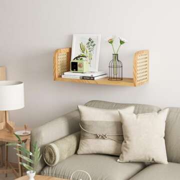 YEMNMFH Rattan Wall Shelf, Hanging Book Shelves for Wall, Decorative Shelves for Natural Nursery Decor, Picture Ledge Shelves, Wall Mail Organizer, Floating Rattan Shelf for Office, Bedroom,Bathroom