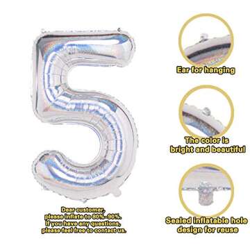 Laser Silver 5 Balloons,40 Inch Birthday Foil Balloon Party Decorations Supplies Helium Mylar Digita...