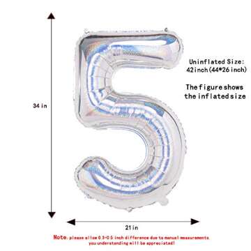 Laser Silver 5 Balloons,40 Inch Birthday Foil Balloon Party Decorations Supplies Helium Mylar Digital Balloons (Laser Silver Number 5)