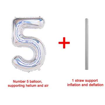 Laser Silver 5 Balloons,40 Inch Birthday Foil Balloon Party Decorations Supplies Helium Mylar Digital Balloons (Laser Silver Number 5)