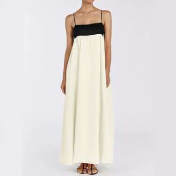 Generic Womens Linen Maxi Dress Contrast Trim Spaghetti Straps Summer Outfits Sleeveless Long Dresses Travel Vacation, Large, L02 Beige