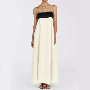 Generic Womens Linen Maxi Dress Contrast Trim Spaghetti Straps Summer Outfits Sleeveless Long Dresses Travel Vacation, Large, L02 Beige