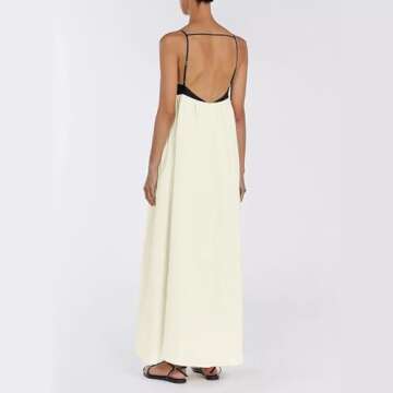 Generic Womens Linen Maxi Dress Contrast Trim Spaghetti Straps Summer Outfits Sleeveless Long Dresses Travel Vacation, Large, L02 Beige