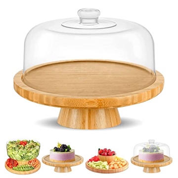CHEF'S UNIQUE Bamboo Cake Stand With Dome Multi Function 6 In 1 Cake Holder Serving Platter, (12") R...