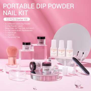 AZUREBEAUTY Dip Powder Nail Kit Starter, Transparent Nude Neutral Skin Pink Glitter, 4 Colors Dipping Powder Set All Seasons, French Nail Art Base Top Coat Activator Liquid Manicure DIY Salon 12 PCS