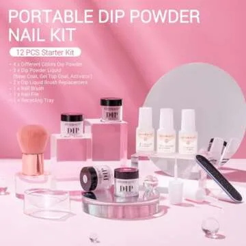 AZUREBEAUTY Dip Powder Nail Kit Starter, Transparent Nude Neutral Skin Pink Glitter, 4 Colors Dipping Powder Set All Seasons, French Nail Art Base Top Coat Activator Liquid Manicure DIY Salon 12 PCS