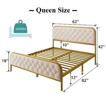 iPormis Upholstered Queen Platform Bed Frame, Heavy Duty Mattress Foundation, 12" Under Bed Space, Metal Slats Support, Button Tufted Headboard, Easy Assembly, Noise Free, Gold & Beige