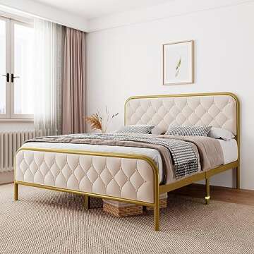 iPormis Upholstered Queen Platform Bed Frame, Heavy Duty Mattress Foundation, 12" Under Bed Space, Metal Slats Support, Button Tufted Headboard, Easy Assembly, Noise Free, Gold & Beige