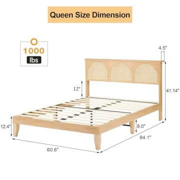 Amyove 12.4 Inch Deluxe Solid Wood Queen Size Bed Frame with LED Lights & Curved Rattan Headboard & ...
