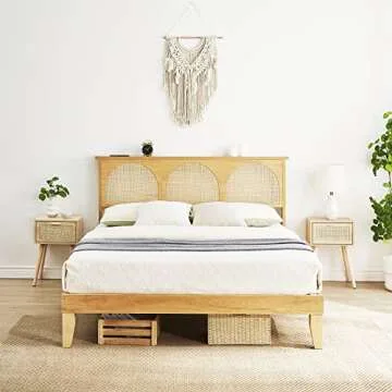 Amyove 12.4 Inch Deluxe Solid Wood Queen Size Bed Frame with LED Lights & Curved Rattan Headboard & Wooden Support Legs, Modern Platform Bed Frame, No Box Spring Needed, Easy Assembly