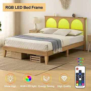 Amyove 12.4 Inch Deluxe Solid Wood Queen Size Bed Frame with LED Lights & Curved Rattan Headboard & Wooden Support Legs, Modern Platform Bed Frame, No Box Spring Needed, Easy Assembly