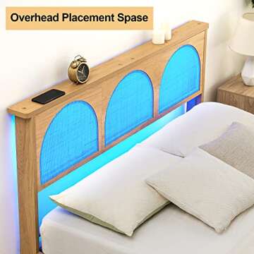 Amyove 12.4 Inch Deluxe Solid Wood Queen Size Bed Frame with LED Lights & Curved Rattan Headboard & Wooden Support Legs, Modern Platform Bed Frame, No Box Spring Needed, Easy Assembly