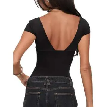 REORIA Short Sleeve Bodysuit for Women Double Lined Backless Bodysuit Lace V Neck Tops Sexy Going Out Top Black Small