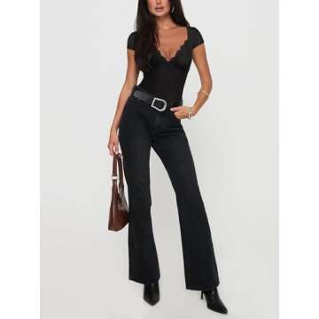 REORIA Short Sleeve Bodysuit for Women Double Lined Backless Bodysuit Lace V Neck Tops Sexy Going Out Top Black Small