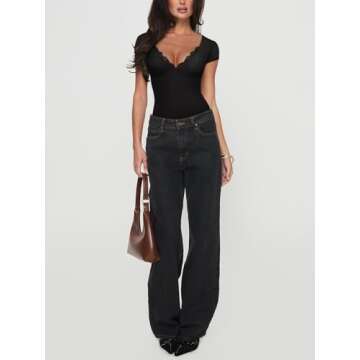 REORIA Short Sleeve Bodysuit for Women Double Lined Backless Bodysuit Lace V Neck Tops Sexy Going Out Top Black Small