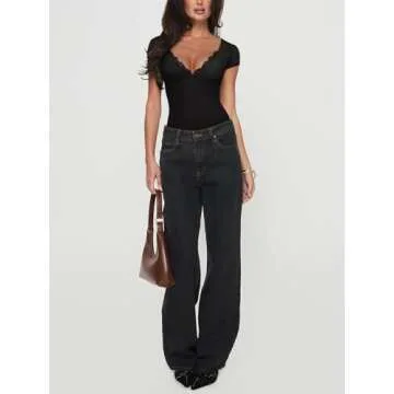 REORIA Short Sleeve Bodysuit for Women Double Lined Backless Bodysuit Lace V Neck Tops Sexy Going Out Top Black Small
